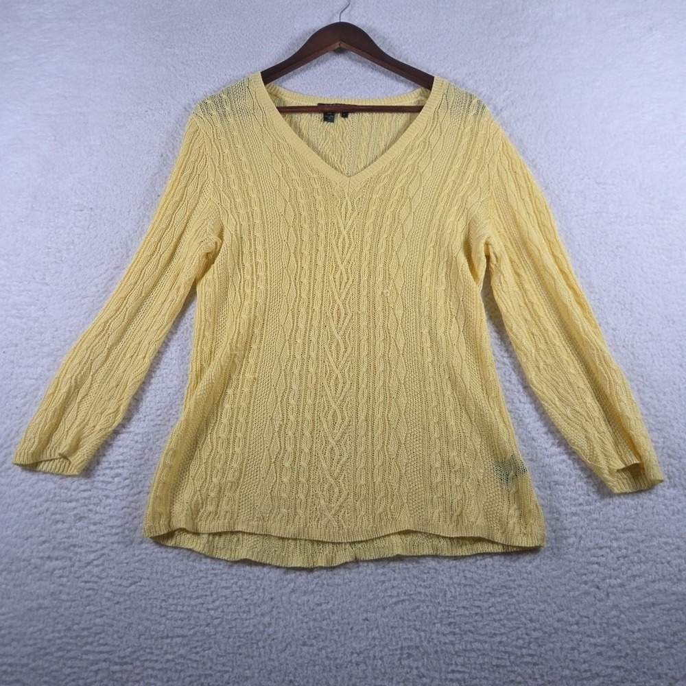 Lauren Ralph Lauren Sweater Women's Large Cable Knit 100% Linen Yellow Pullover
